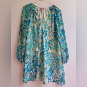 Lily Pulitzer silk tunic dress with blue floral and metallic pattern, spring!